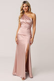 One Shoulder Dusty Rose Sheath Satin Bridesmaid Dress