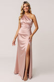 One Shoulder Dusty Rose Sheath Satin Bridesmaid Dress