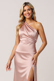 One Shoulder Dusty Rose Sheath Satin Bridesmaid Dress