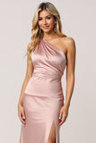 One Shoulder Dusty Rose Sheath Satin Bridesmaid Dress