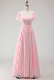 Candy Pink A Line Square Neck Chiffon Long Bridesmaid Dress