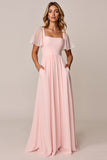 Candy Pink A Line Square Neck Chiffon Bridesmaid Dress
