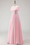 Candy Pink A Line Square Neck Chiffon Long Bridesmaid Dress
