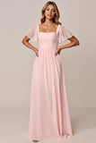 Candy Pink A Line Square Neck Chiffon Long Bridesmaid Dress