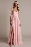 Candy Pink A Line Bridesmaid Dress with Short Sleeves