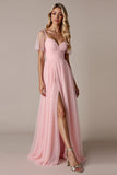 Candy Pink A Line Bridesmaid Dress with Short Sleeves