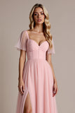 Candy Pink A Line Bridesmaid Dress with Short Sleeves