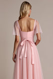 Candy Pink A Line Bridesmaid Dress with Short Sleeves