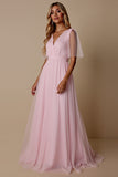 Candy Pink A Line V-Neck Bridesmaid Dress