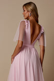 Candy Pink A Line V-Neck Bridesmaid Dress