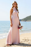 Candy Pink Halter Long Bridesmaid Dress