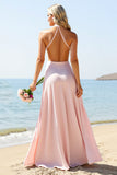 Candy Pink Halter Long Bridesmaid Dress