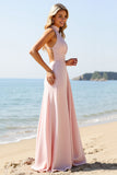 Candy Pink Halter Long Bridesmaid Dress