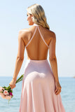 Candy Pink Halter Long Bridesmaid Dress