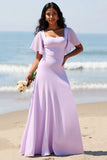 Lilac Chiffon A Line Long Bridesmaid Dress