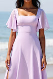 Lilac Chiffon A Line Long Bridesmaid Dress