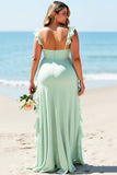 Mint Green Chiffon Plus Size Spaghetti Straps Long Bridesmaid Dress
