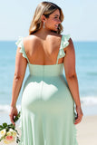 Mint Green Chiffon Plus Size Spaghetti Straps Long Bridesmaid Dress