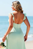 Mint Green Chiffon Plus Size Spaghetti Straps Long Bridesmaid Dress
