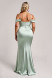 Sage Green Off the Shoulder Satin Long Bridesmaid Dress with Slit