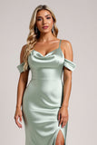 Sage Green Off the Shoulder Satin Long Bridesmaid Dress with Slit