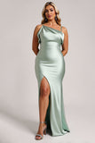 Sage Green Plus Size Satin Long Bridesmaid Dress with Slit