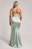 Sage Green Plus Size Satin Long Bridesmaid Dress with Slit