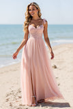 Blush A Line Tulle Spaghetti Straps Long Bridesmaid Dress with Appliques