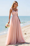 Blush A Line Tulle Spaghetti Straps Long Bridesmaid Dress with Appliques