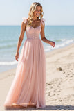 Blush A Line Tulle Spaghetti Straps Long Bridesmaid Dress with Appliques