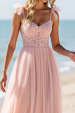 Blush A Line Tulle Spaghetti Straps Long Bridesmaid Dress with Appliques