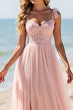 Blush A Line Tulle Spaghetti Straps Long Bridesmaid Dress with Appliques