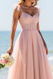 Blush A Line Tulle Spaghetti Straps Long Bridesmaid Dress with Appliques