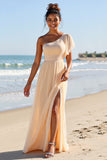 Apricot Chiffon One Shoulder A Line Long Bridesmaid Dress