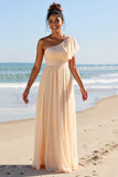 Apricot Chiffon One Shoulder A Line Long Bridesmaid Dress