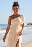 Apricot Chiffon One Shoulder A Line Long Bridesmaid Dress
