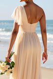 Apricot Chiffon One Shoulder A Line Long Bridesmaid Dress