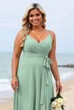 Sage Green Plus Size Chiffon Spaghetti Straps Long Bridesmaid Dress