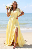 Yellow A Line V-Neck Chiffon Long Bridesmaid Dress with Slit