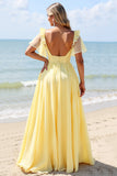 Yellow A Line V-Neck Chiffon Long Bridesmaid Dress with Slit