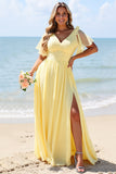 Yellow A Line V-Neck Chiffon Long Bridesmaid Dress with Slit