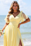 Yellow A Line V-Neck Chiffon Long Bridesmaid Dress with Slit