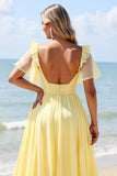 Yellow A Line V-Neck Chiffon Long Bridesmaid Dress with Slit