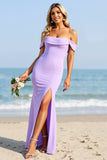 Lilac Satin Off the Shoulder Sheath Long Bridesmaid Dress with Slit