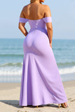 Lilac Satin Off the Shoulder Sheath Long Bridesmaid Dress with Slit