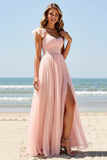 Blush A Line Long Bridesmaid Dress with Slit