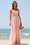 Blush A Line Long Bridesmaid Dress with Slit