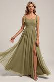 Olive Spaghetti Straps Tulle A Line Long Bridesmaid Dress with Slit