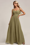 Olive Spaghetti Straps Tulle A Line Long Bridesmaid Dress with Slit