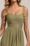 Olive Spaghetti Straps Tulle A Line Long Bridesmaid Dress with Slit